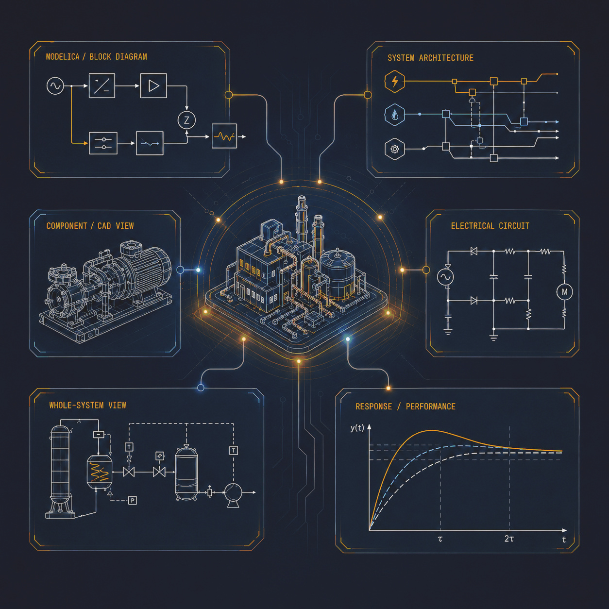 Stylized system design study showing industrial equipment, system views, block diagrams, circuits and simulation curves
